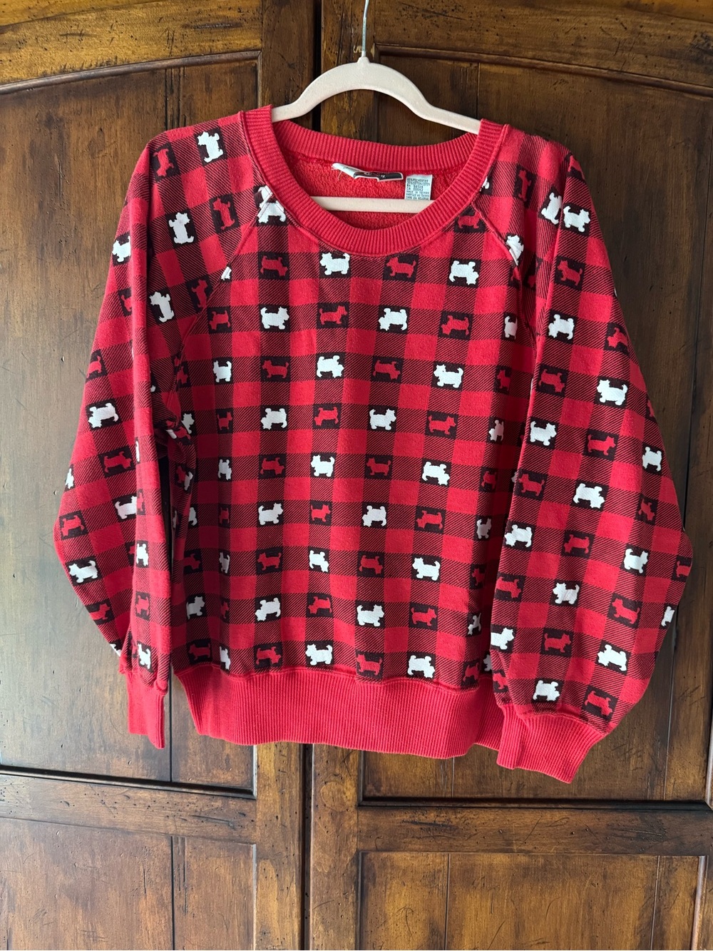 Vintage Scottie Dog Plaid Sweatshirt Pullover Crew Neck Red Black Size Medium